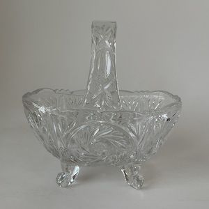 Pinwheel Design Crystal Footed Basket / Candy Dish with Handle Vintage